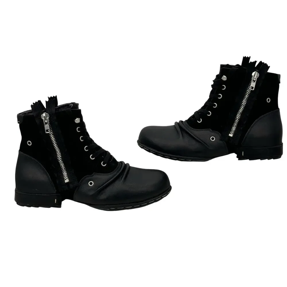 OTTO ZONE Moto Leather Suede Boots Men's 10 Black Streetwear Double Zip Biker